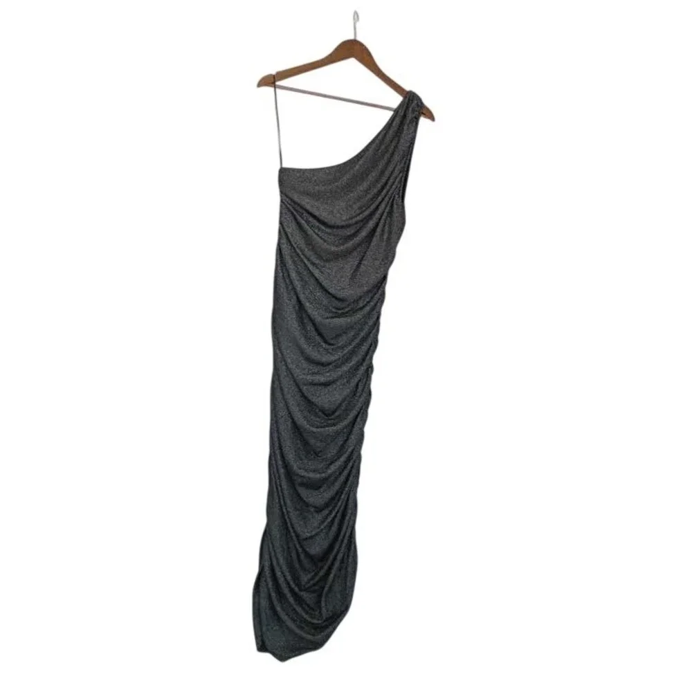 Michael Kors NWT One Shoulder Metallic Ruched Bodycon Dress XL Silver Black $295